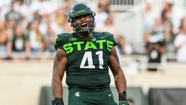 Michigan State's Derrick Harmon celebrates after a tackle for a loss against Akron during the third quarter on Saturday, Sept. 10, 2022, at Spartan Stadium in East Lansing. 220910 Msu Akron Fb 224a